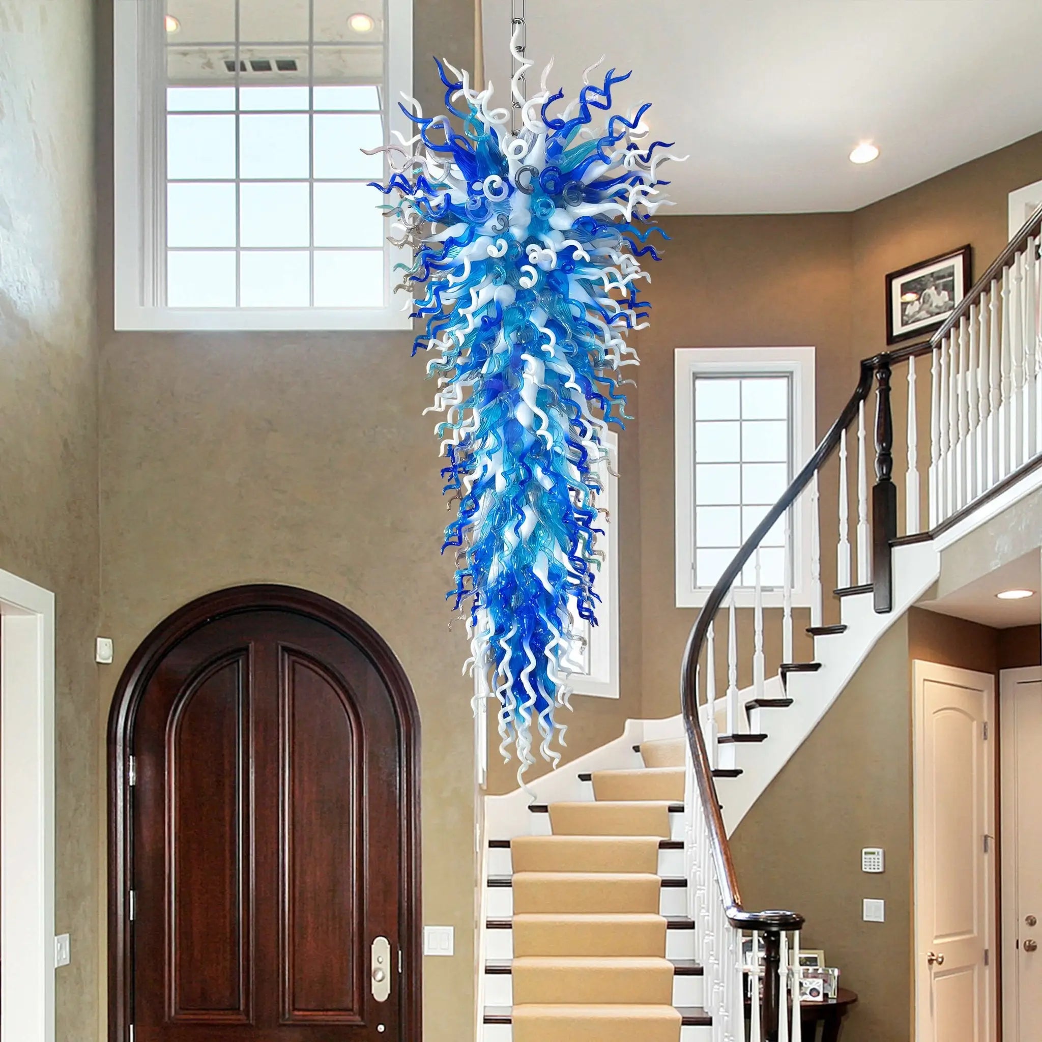 Extra Large Blue White Blown Glass Chandelier Grand Arctic Cascade Inverted Cone Art Pendant Light