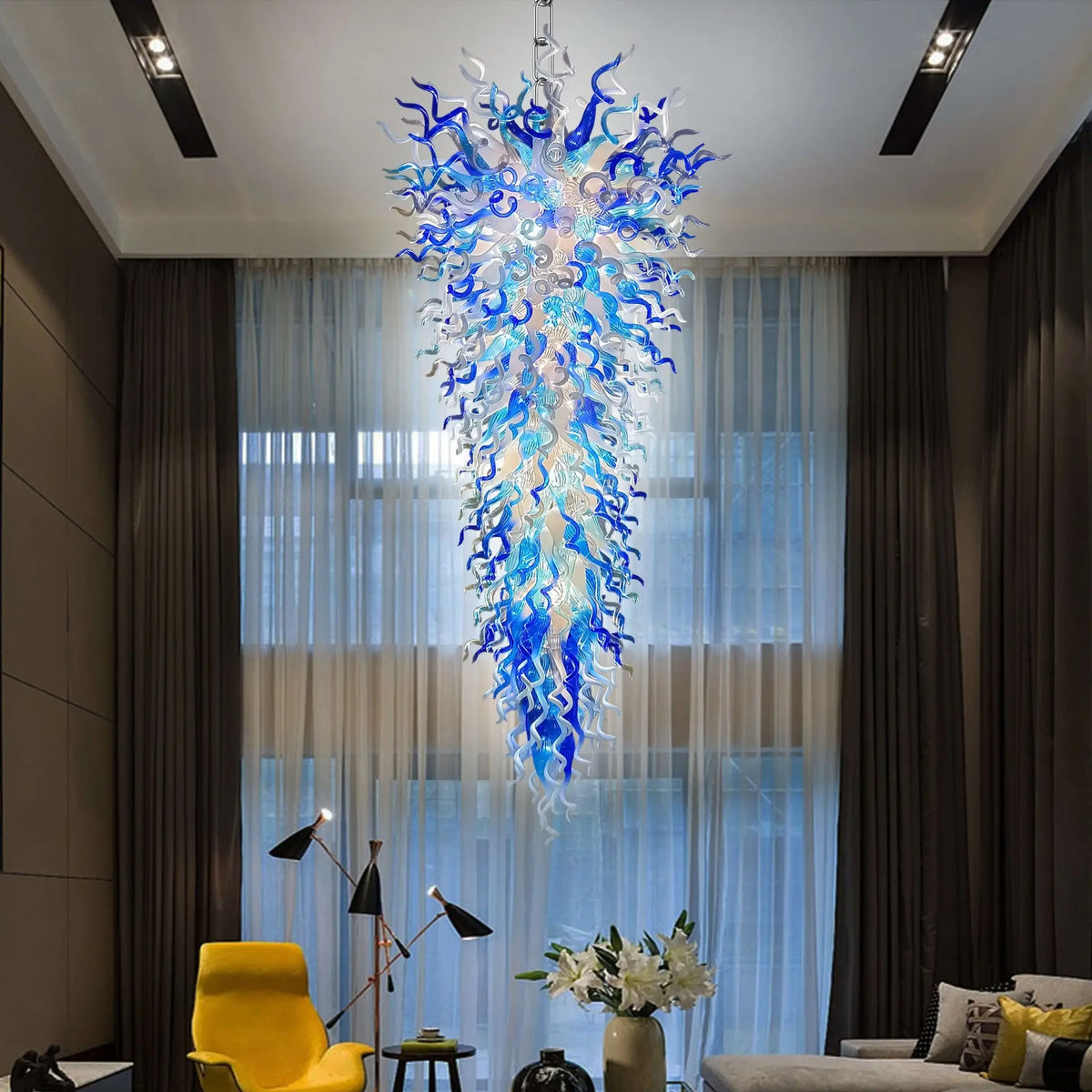 Extra Large Blue White Blown Glass Chandelier Grand Arctic Cascade Inverted Cone Art Pendant Light