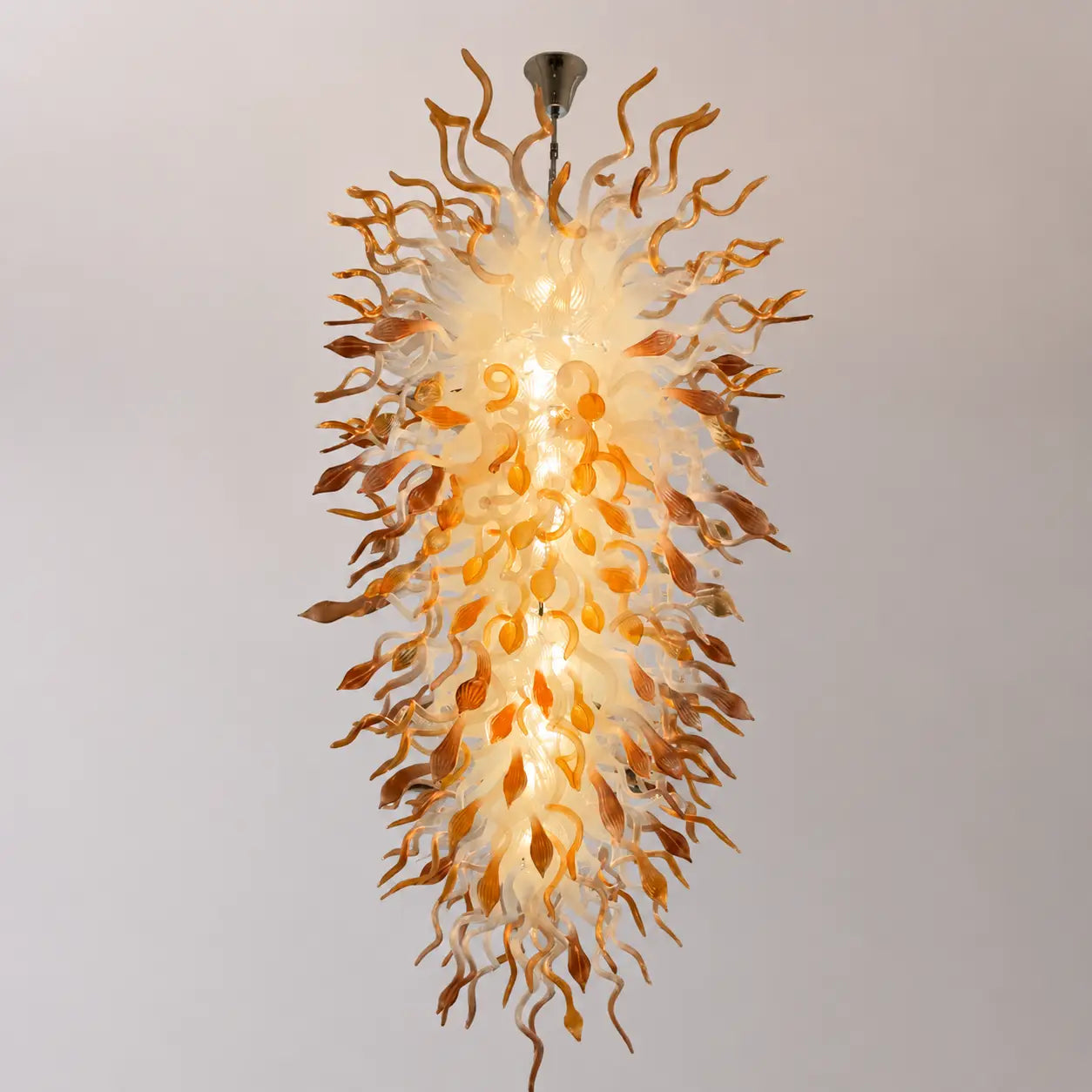 Large Blown Glass Waterfall Chandelier White With Amber End Artistic Sculptural Pendant Light For Hotels Foyer Staircase