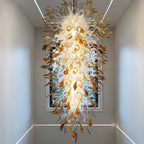 Large Blown Glass Waterfall Chandelier White With Amber End Artistic Sculptural Pendant Light For Hotels Foyer Staircase