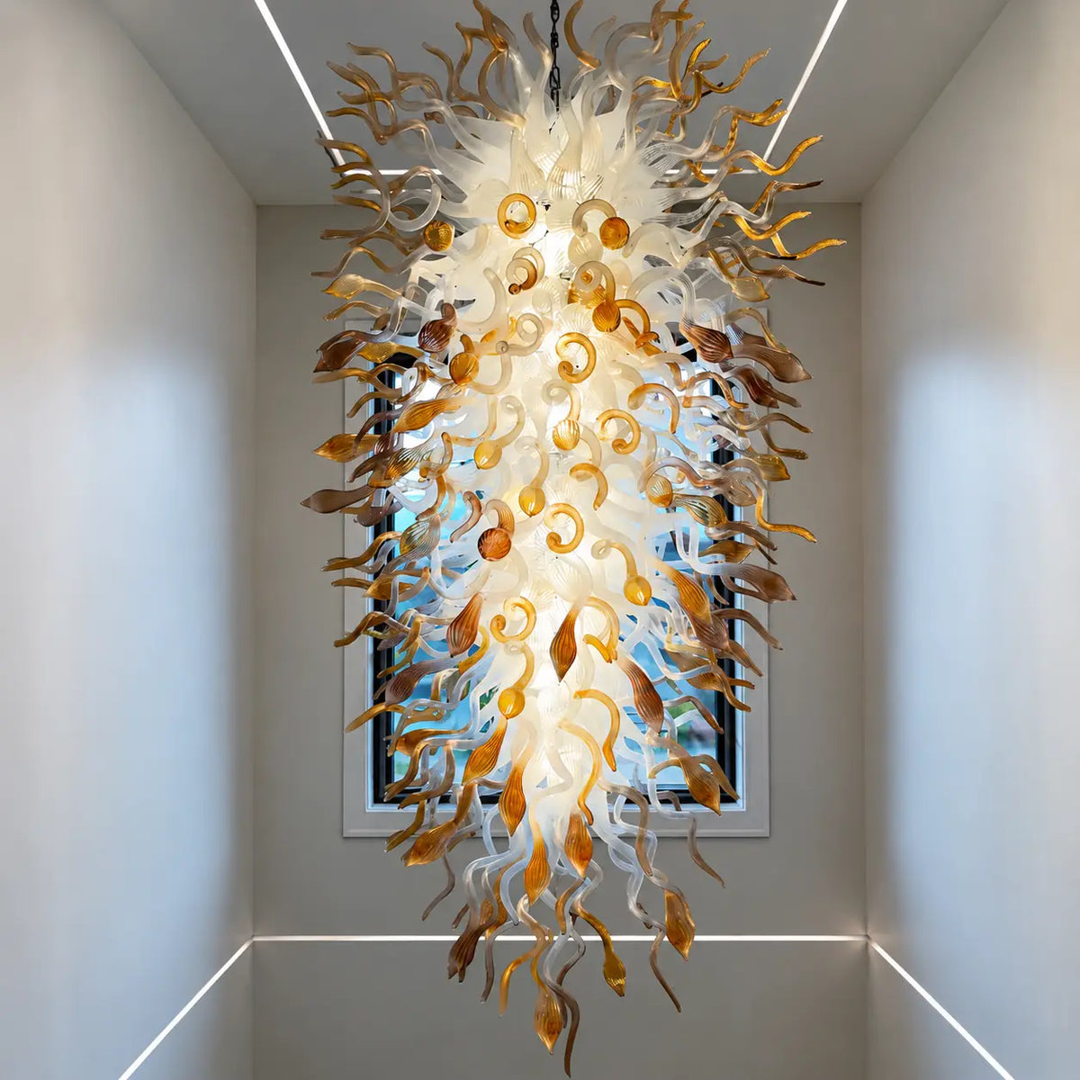 Large Blown Glass Waterfall Chandelier White With Amber End Artistic Sculptural Pendant Light For Hotels Foyer Staircase