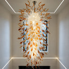 Large Blown Glass Waterfall Chandelier White With Amber End Artistic Sculptural Pendant Light For Hotels Foyer Staircase