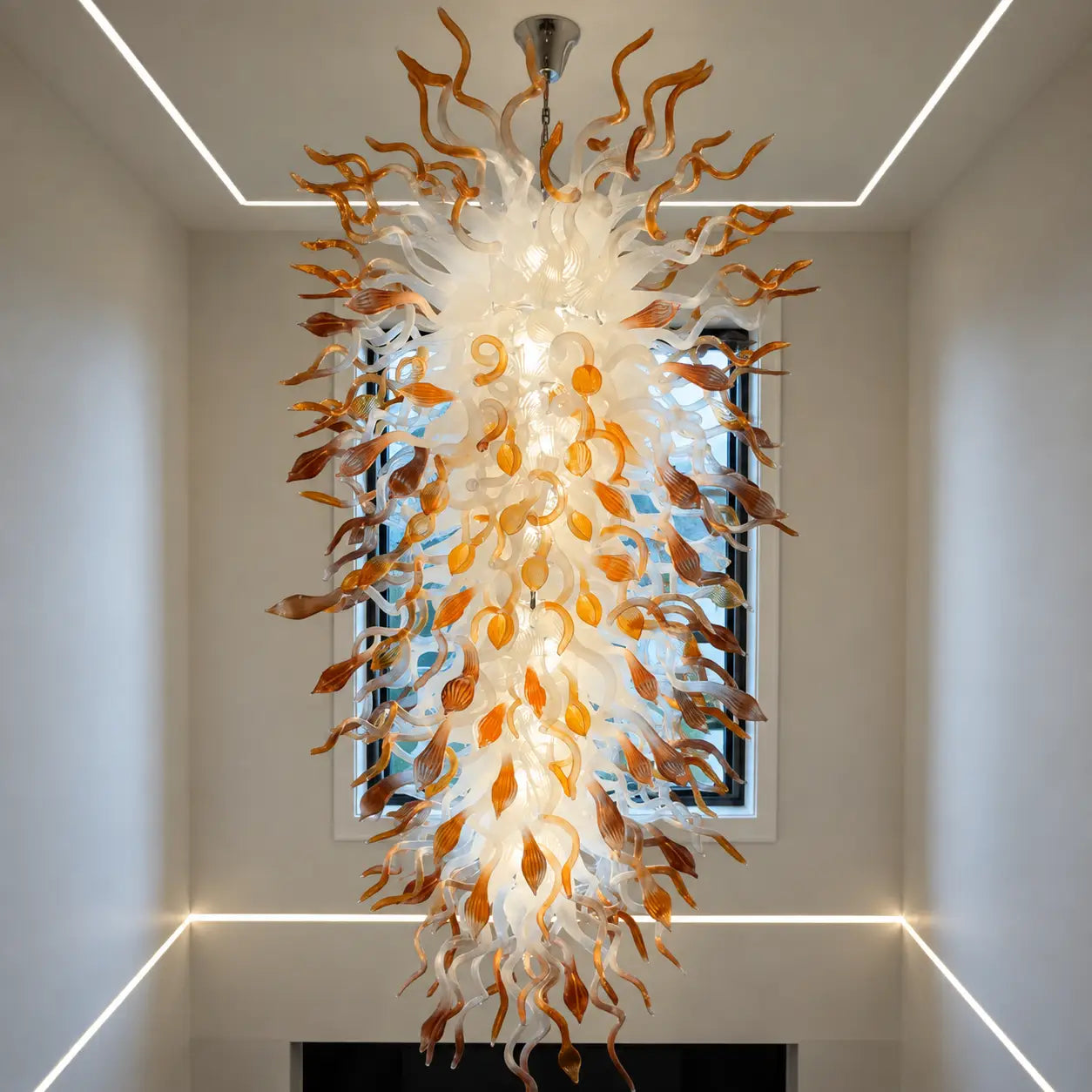 Large Blown Glass Waterfall Chandelier White With Amber End Artistic Sculptural Pendant Light For Hotels Foyer Staircase