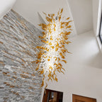 Large Blown Glass Waterfall Chandelier White With Amber End Artistic Sculptural Pendant Light For Hotels Foyer Staircase