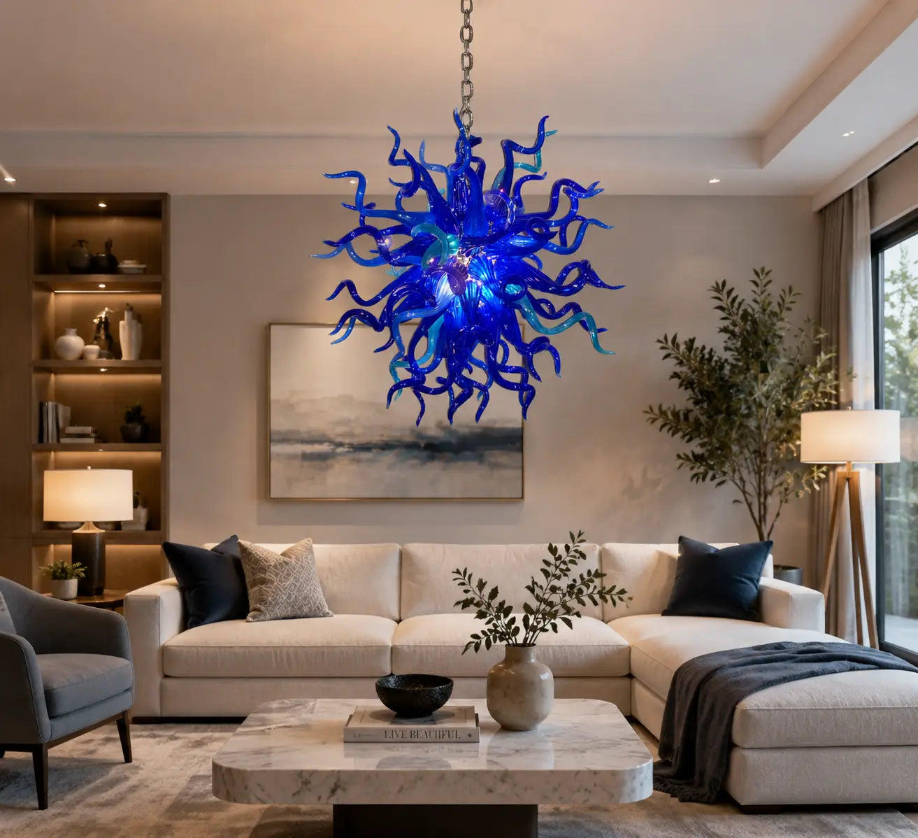 Ocean Blue Murano-Inspired Hand-Blown Glass Starburst Chandelier Artisan Sputnik Pendant Lamp
