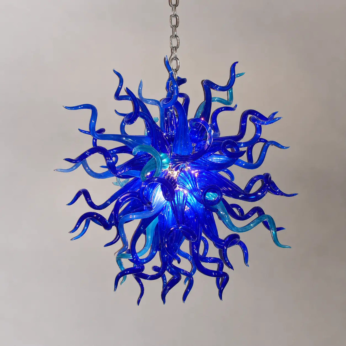 Ocean Blue Murano-Inspired Hand-Blown Glass Starburst Chandelier Artisan Sputnik Pendant Lamp