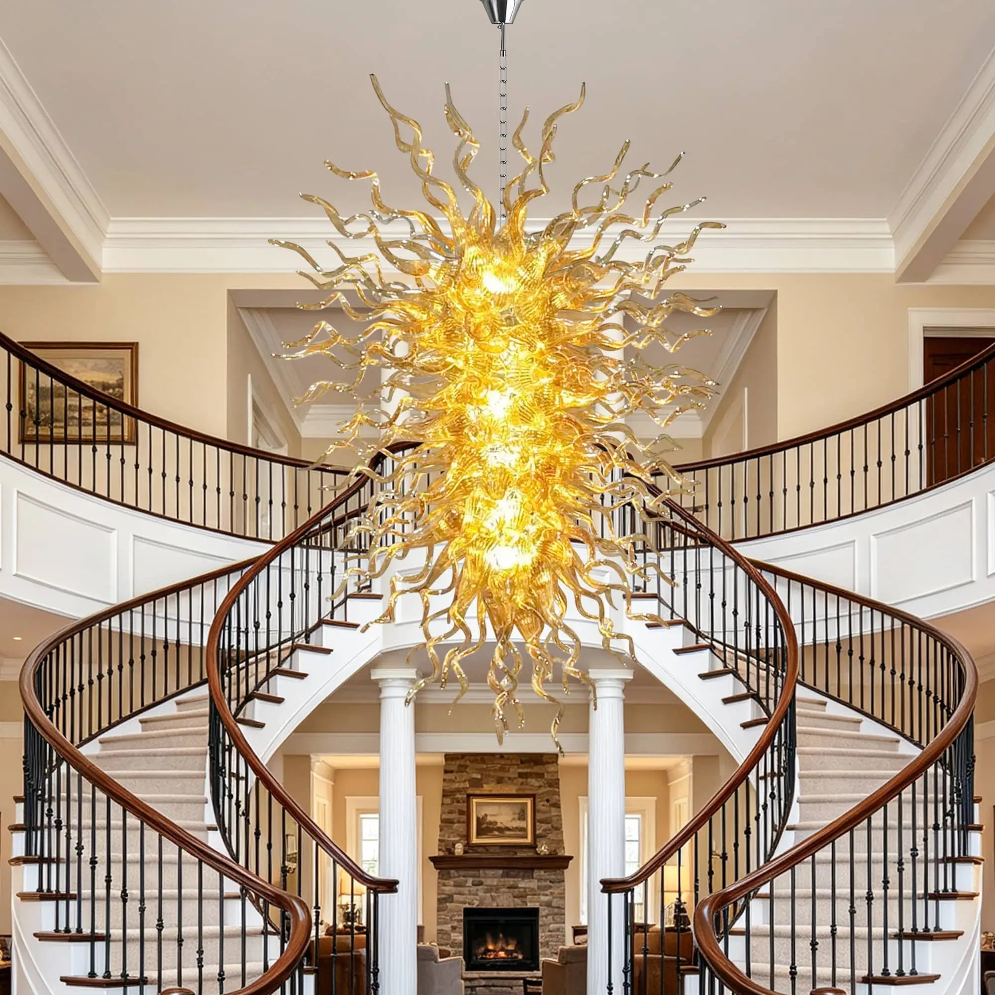 Large Amber Blown Glass Art Chandelier Chihuly Style Sculptural Coral-Inspired Pendant Light