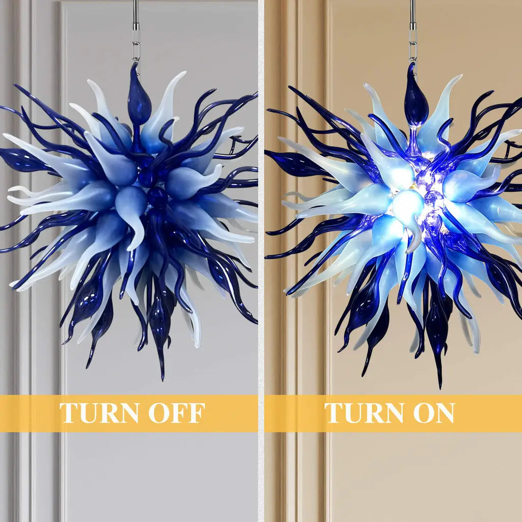 Modern Blue Sputnik Starburst Blown Glass Chandelier Sea Urchin Inspired Pendant Light