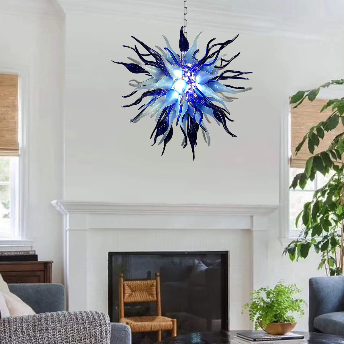 Modern Blue Sputnik Starburst Blown Glass Chandelier Sea Urchin Inspired Pendant Light