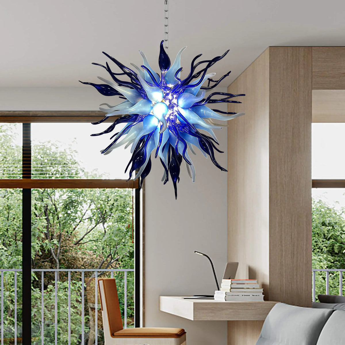 Modern Blue Sputnik Starburst Blown Glass Chandelier Sea Urchin Inspired Pendant Light