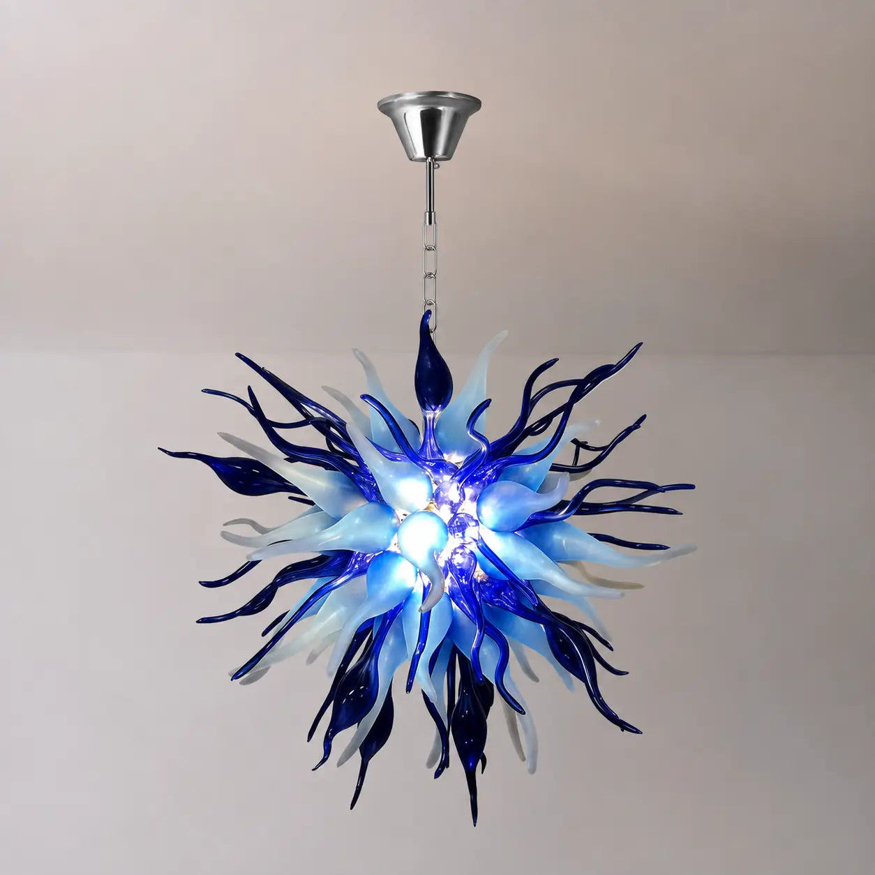 Modern Blue Sputnik Starburst Blown Glass Chandelier Sea Urchin Inspired Pendant Light