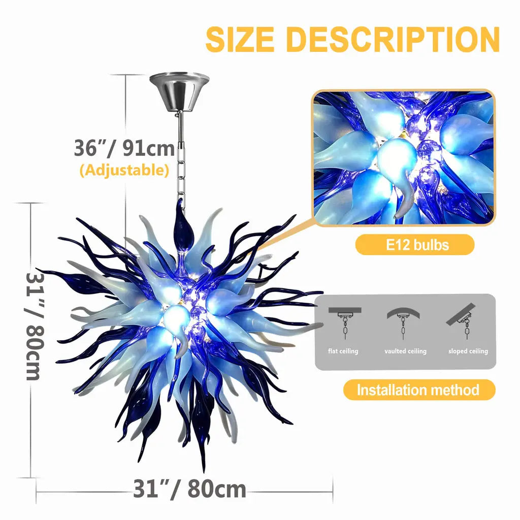 Modern Blue Sputnik Starburst Blown Glass Chandelier Sea Urchin Inspired Pendant Light