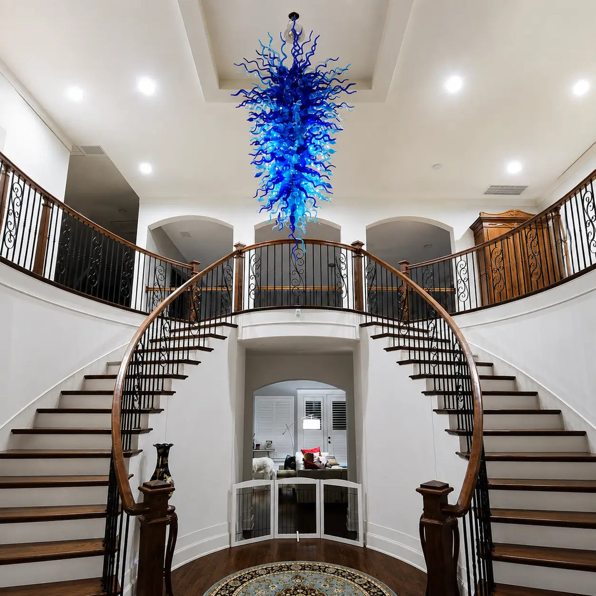 Large Oceanic Style Blown Glass Art Chandelier Blue Sculptural Pendant Light For Grand Entryways Hotel Lobbies