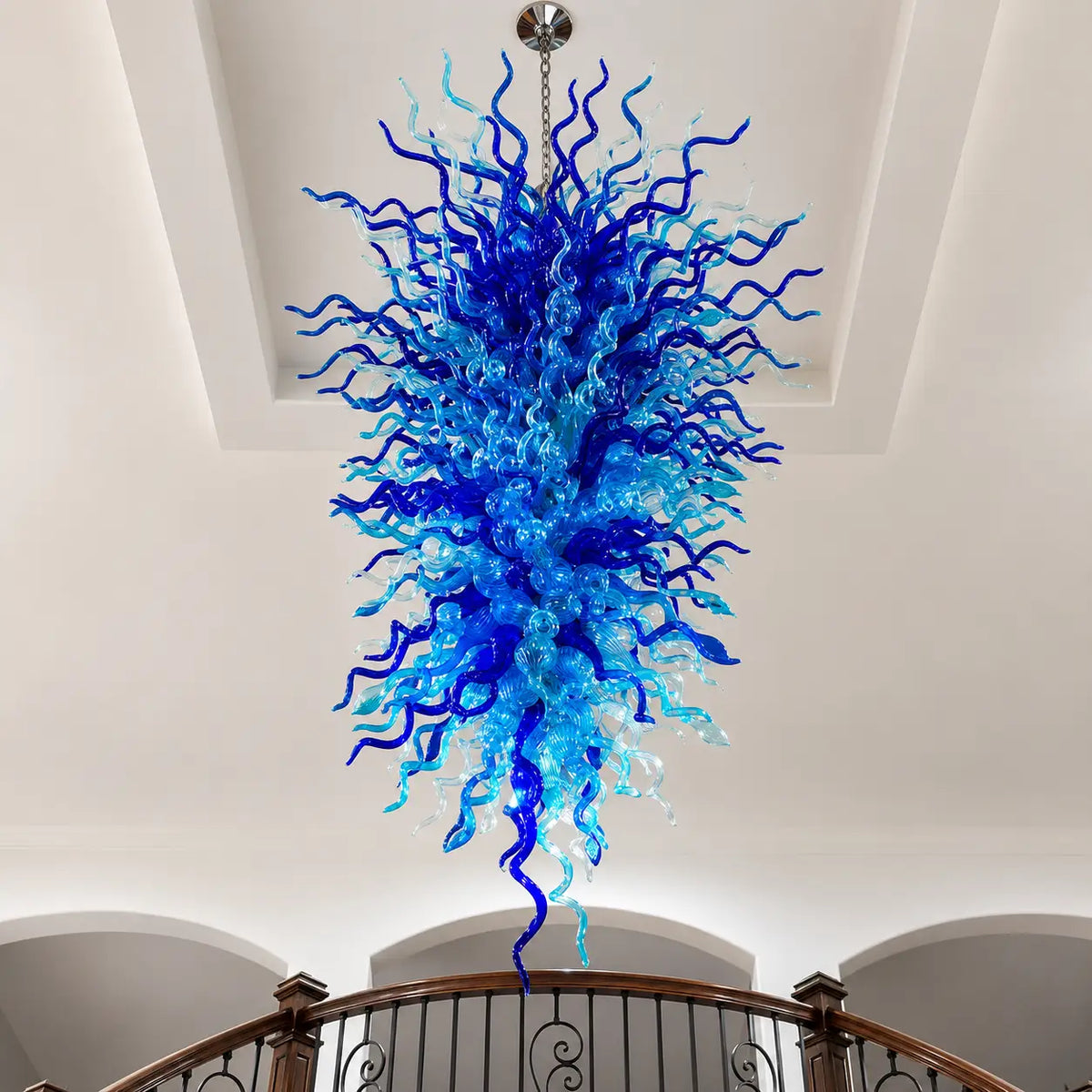 Large Oceanic Style Blown Glass Art Chandelier Blue Sculptural Pendant Light For Grand Entryways Hotel Lobbies