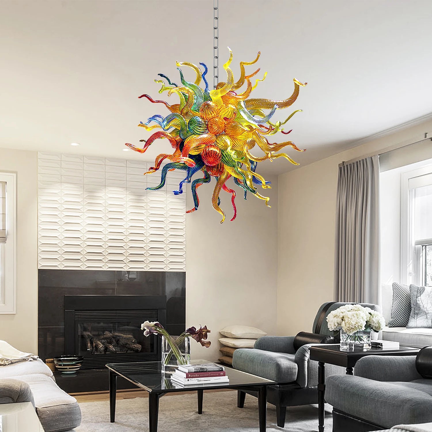 Hand-Blown Art Glass Chandelier Rainbow Pendant light Multi Color Glass Sculpture Hanging Lamp