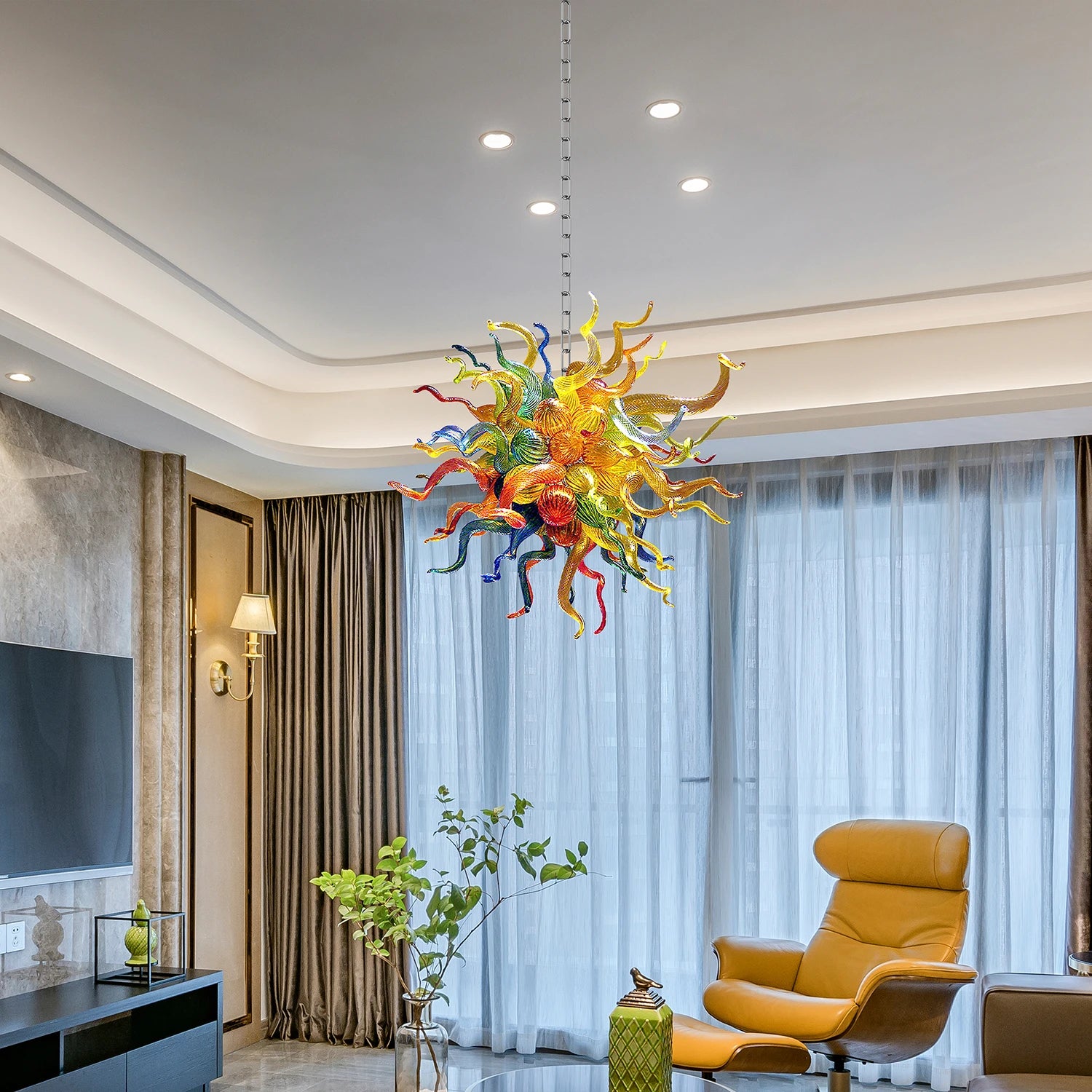 Hand-Blown Art Glass Chandelier Rainbow Pendant light Multi Color Glass Sculpture Hanging Lamp