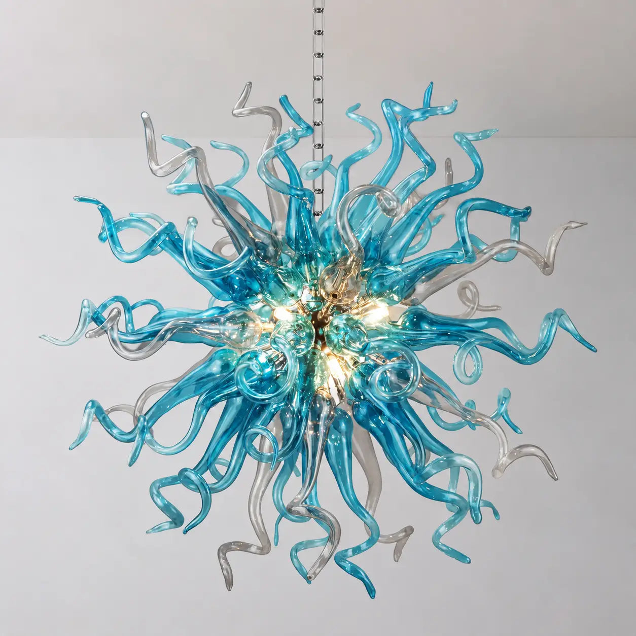Chihuly-Style Chandelier Blue & Grey Blown Glass Art Hanging Light Luxury Murano Sculpture Glass Pendant Lamp
