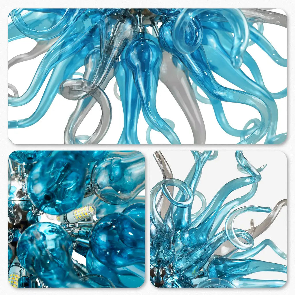 Chihuly-Style Chandelier Blue & Grey Blown Glass Art Hanging Light Luxury Murano Sculpture Glass Pendant Lamp