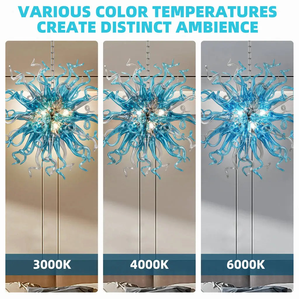 Chihuly-Style Chandelier Blue & Grey Blown Glass Art Hanging Light Luxury Murano Sculpture Glass Pendant Lamp