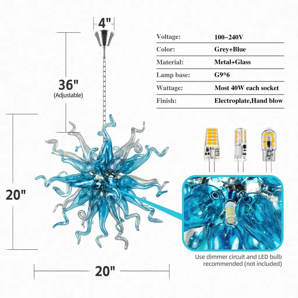 Chihuly-Style Chandelier Blue & Grey Blown Glass Art Hanging Light Luxury Murano Sculpture Glass Pendant Lamp