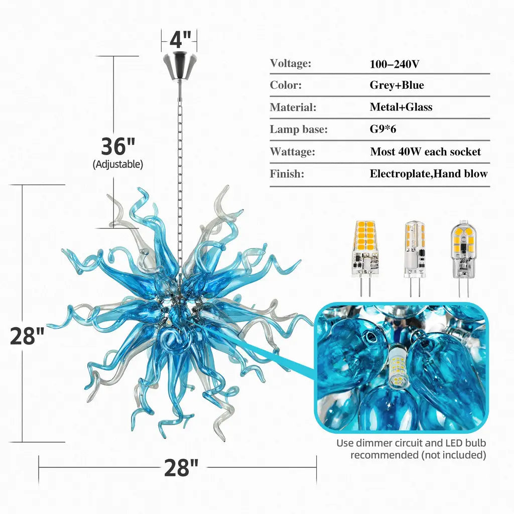 Chihuly-Style Chandelier Blue & Grey Blown Glass Art Hanging Light Luxury Murano Sculpture Glass Pendant Lamp