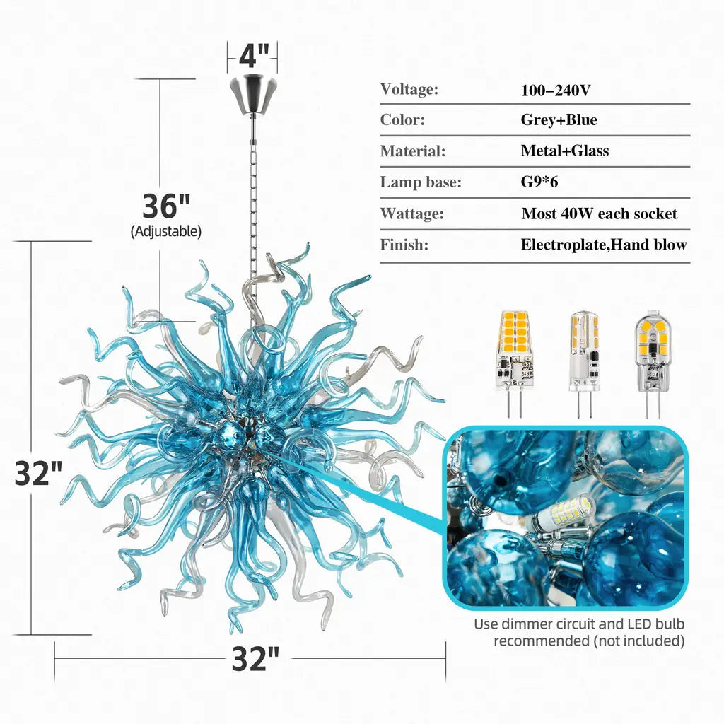 Chihuly-Style Chandelier Blue & Grey Blown Glass Art Hanging Light Luxury Murano Sculpture Glass Pendant Lamp