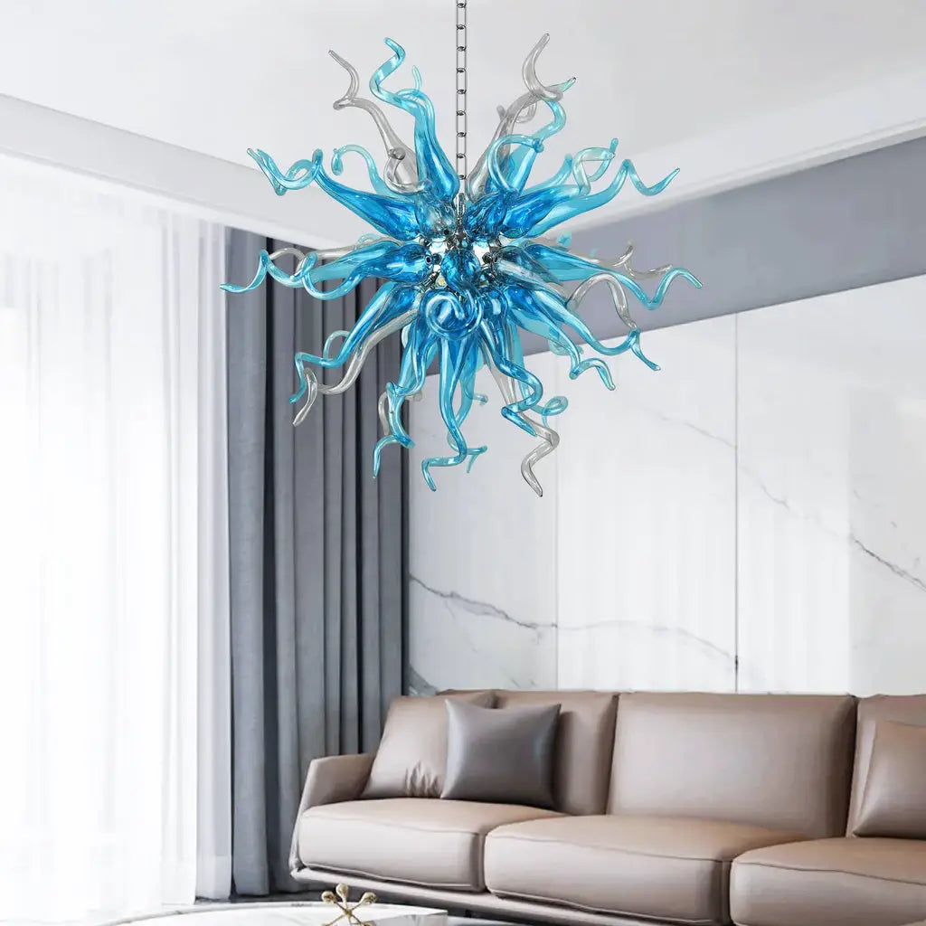 Chihuly-Style Chandelier Blue & Grey Blown Glass Art Hanging Light Luxury Murano Sculpture Glass Pendant Lamp