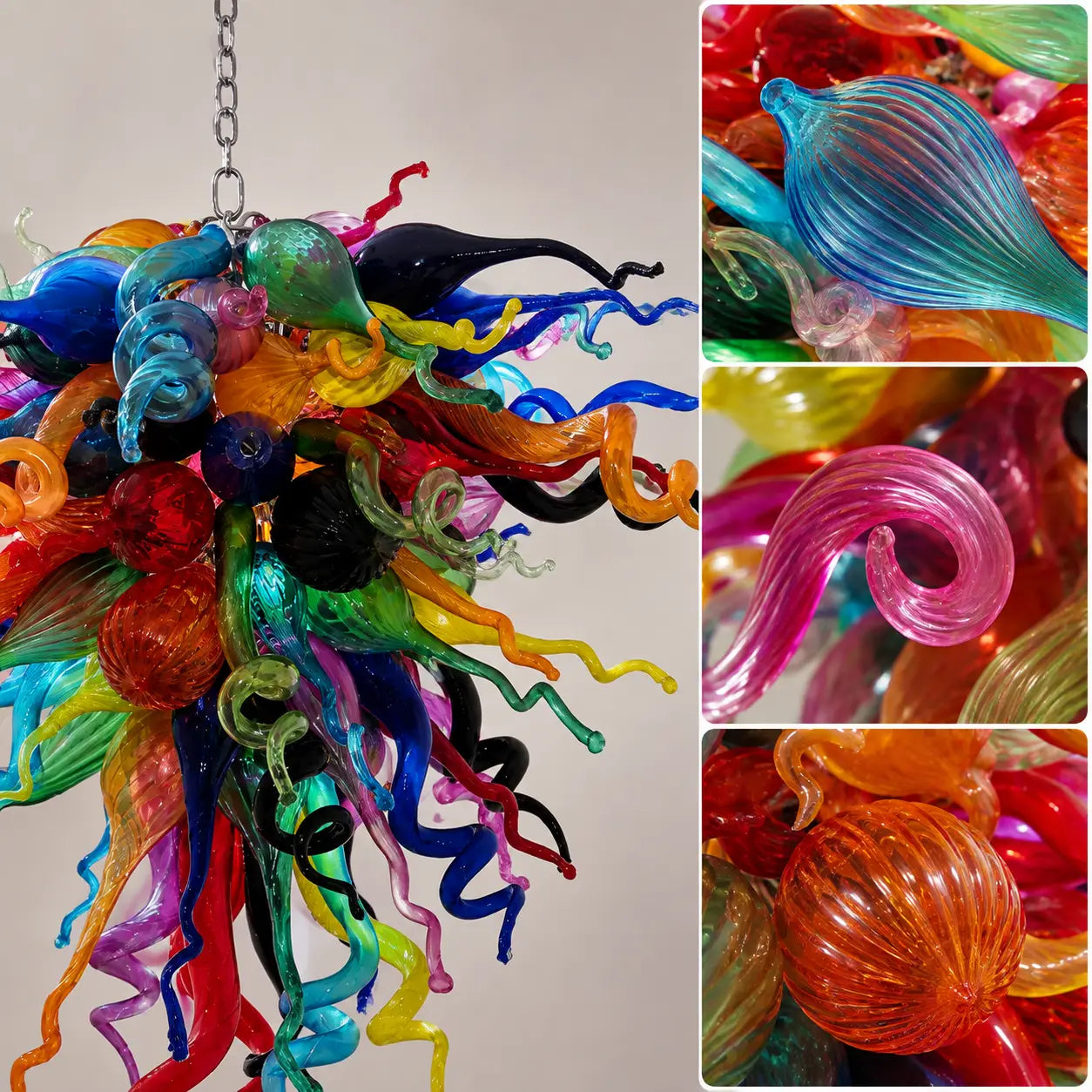 Kaleidoscope Multicolor Hand-Blown Glass Chandelier Artisan Murano-Style Sculptural Pendant Light