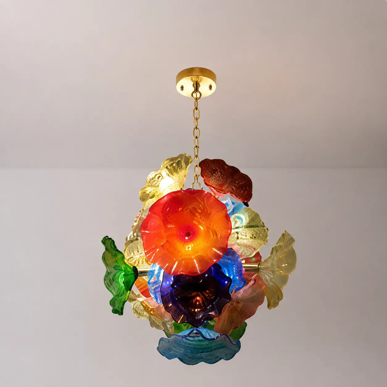 Murano Style Hand-Blown Glass Plate Chandelier Modern Multicolor Floral Disc Pendant Light