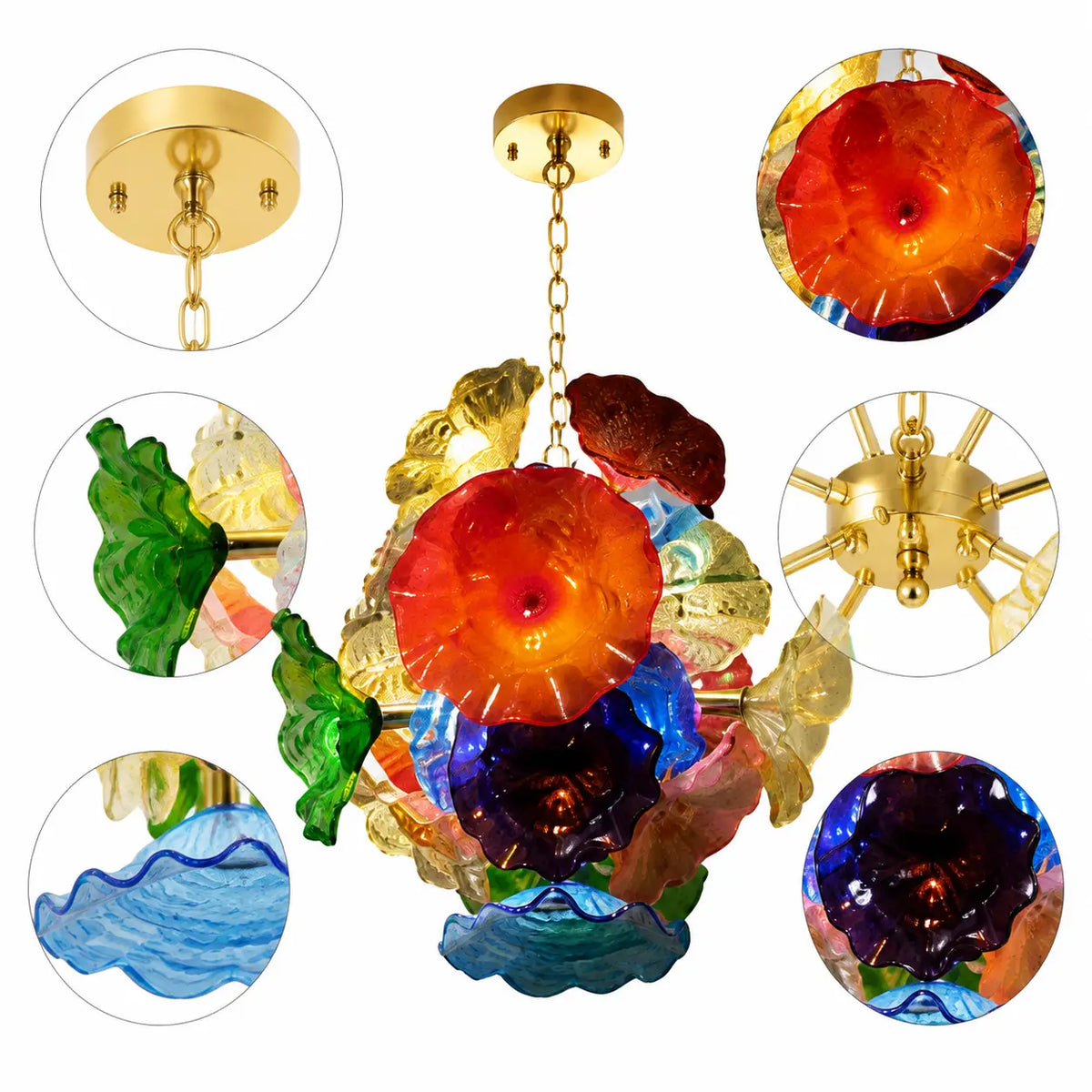 Murano Style Hand-Blown Glass Plate Chandelier Modern Multicolor Floral Disc Pendant Light