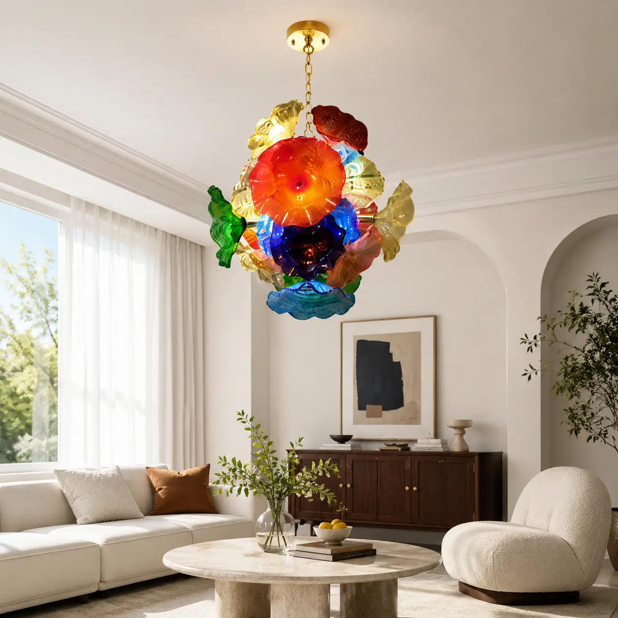 Murano Style Hand-Blown Glass Plate Chandelier Modern Multicolor Floral Disc Pendant Light
