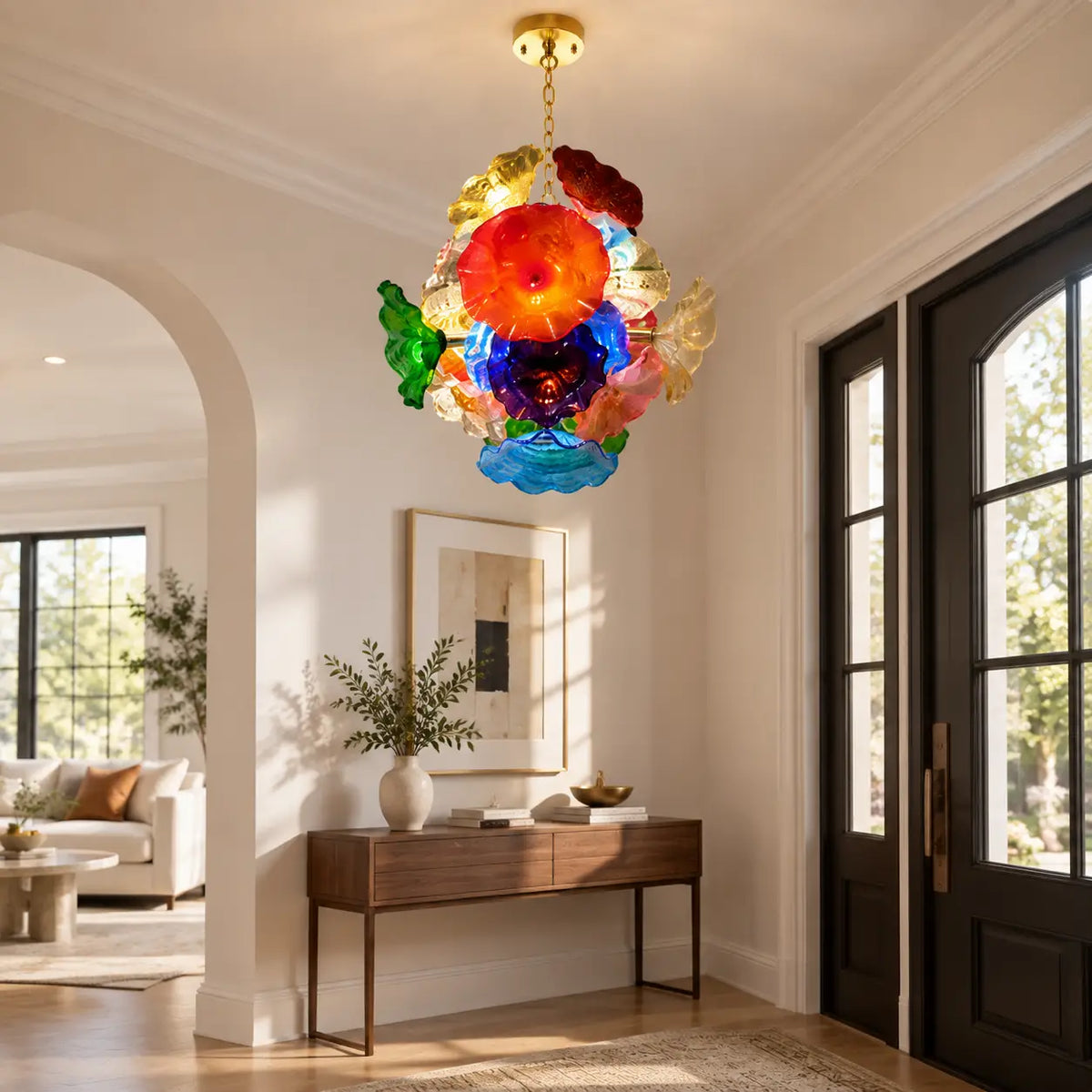 Murano Style Hand-Blown Glass Plate Chandelier Modern Multicolor Floral Disc Pendant Light