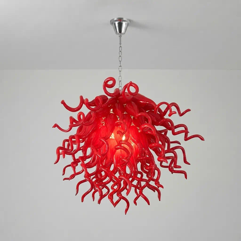 Crimson Flame Hand-Blown Glass Chandelier Red Twisted Glass Sculptural Artistic Pendant Light