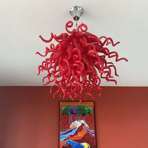 Crimson Flame Hand-Blown Glass Chandelier Red Twisted Glass Sculptural Artistic Pendant Light