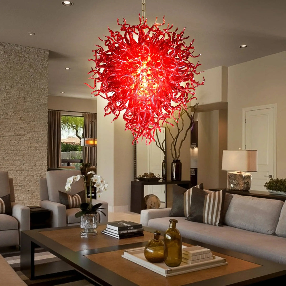 Scarlet Flame Artisan Spiral Glass Chandelier Bold Ruby Red Sculptural Pendant Light