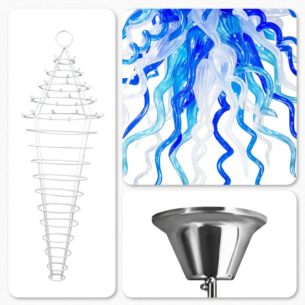 Modern Coastal Blue and Clear White Hand-Blown Glass Art Chandelier Chihuly-Style Sculptural Glass Pendant Lighting