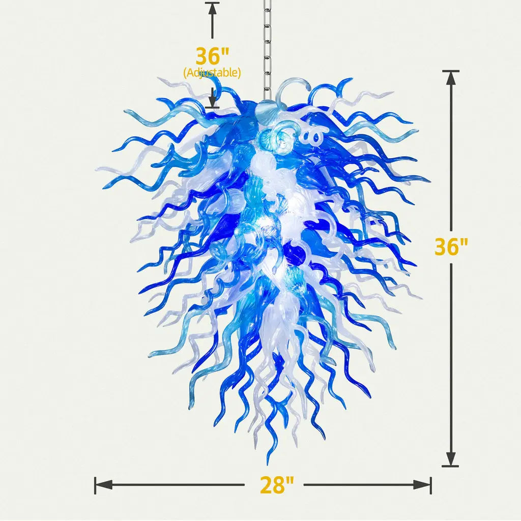 Modern Coastal Blue and Clear White Hand-Blown Glass Art Chandelier Chihuly-Style Sculptural Glass Pendant Lighting