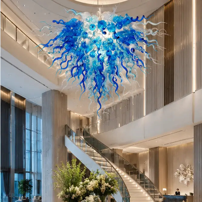 Blue & Clear Blown Sculpture Glass Chandelier Chihuly-Style Twisted Hanging lamp Murano Art Pendant Light
