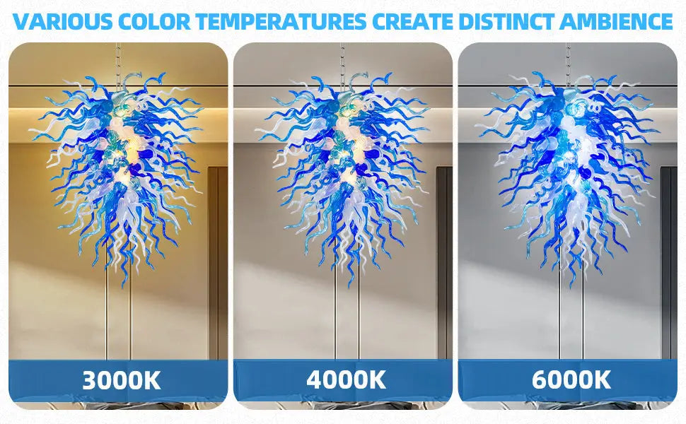 Modern Coastal Blue and Clear White Hand-Blown Glass Art Chandelier Chihuly-Style Sculptural Glass Pendant Lighting