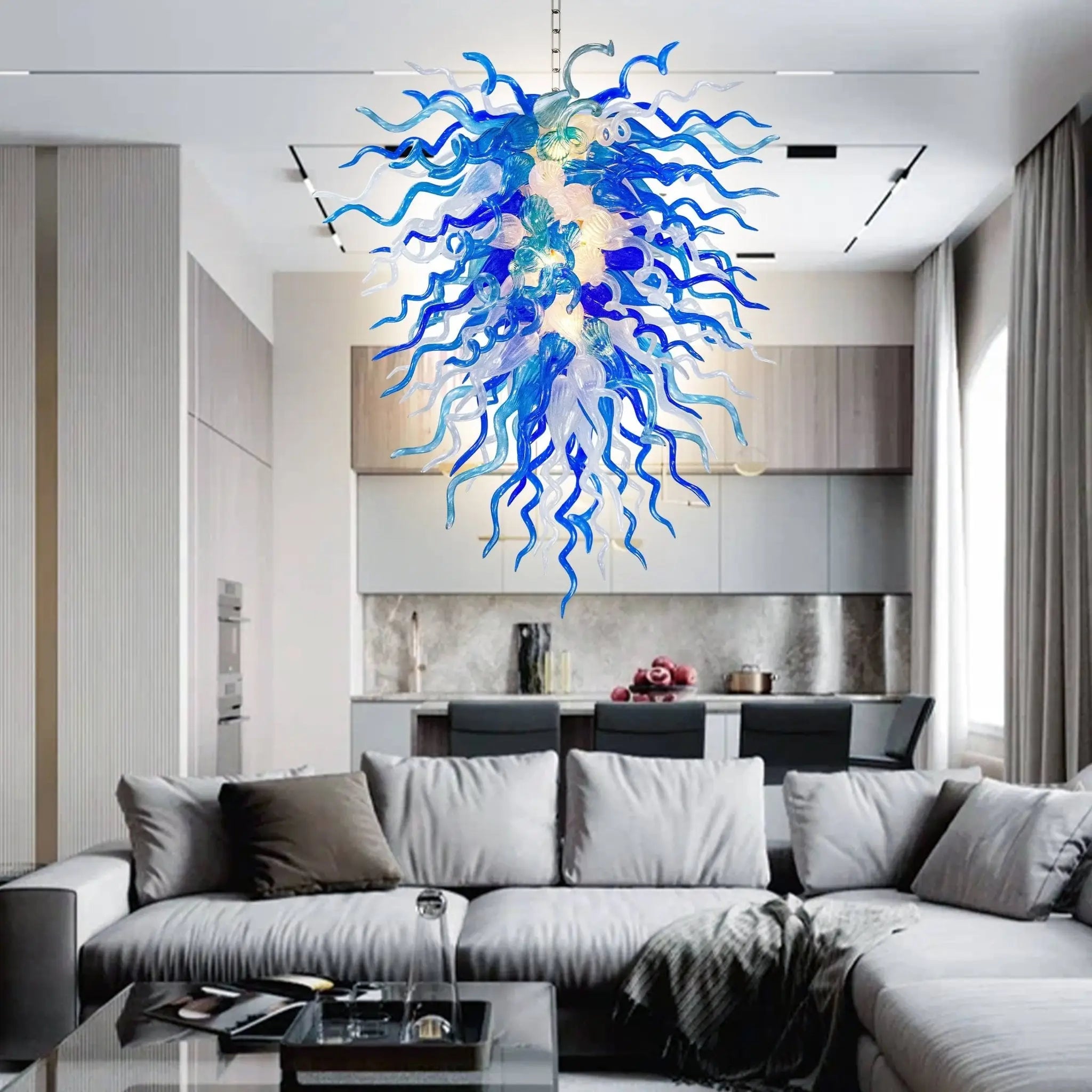Modern Coastal Blue and Clear White Hand-Blown Glass Art Chandelier Chihuly-Style Sculptural Glass Pendant Lighting