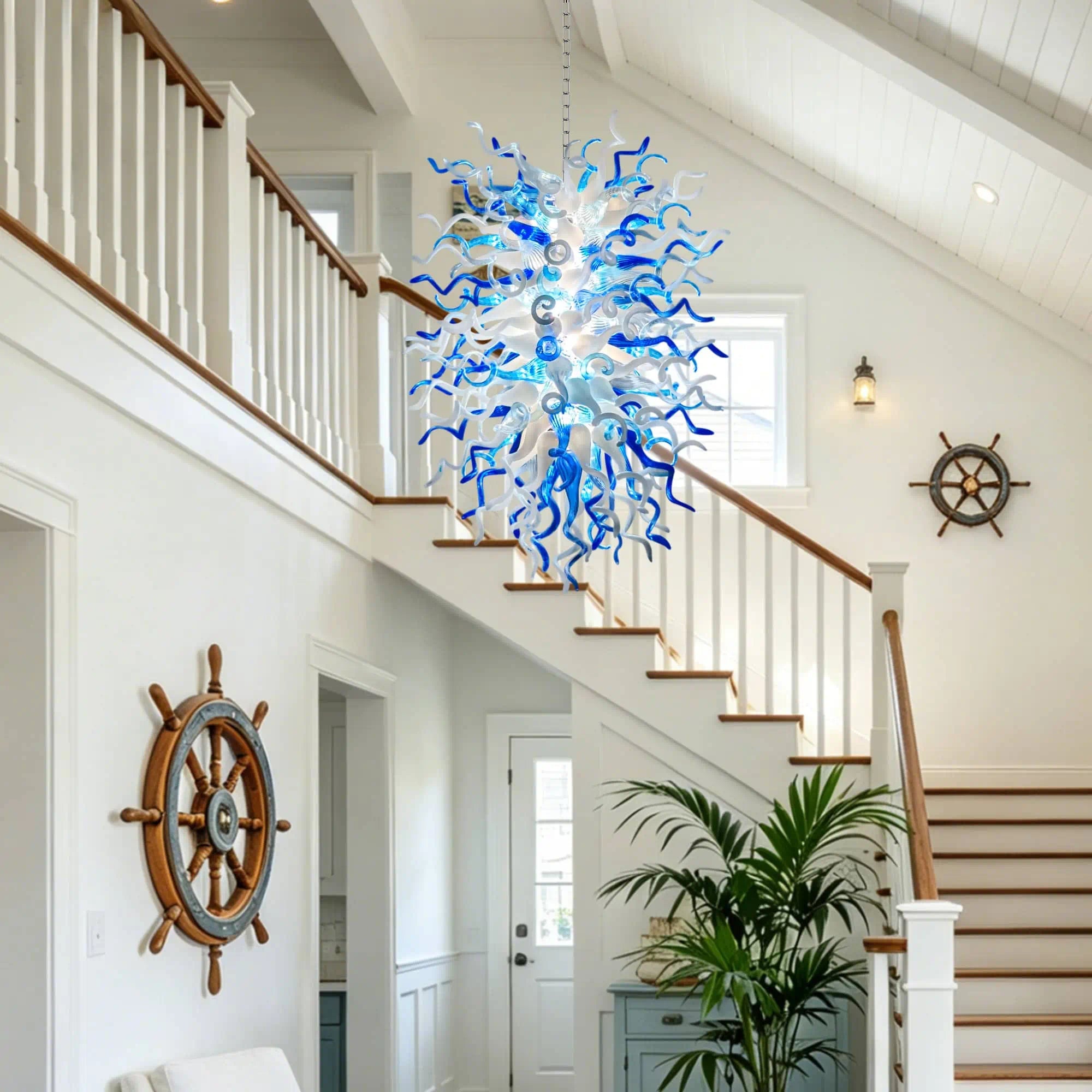 Luxury Abstract Blue White Hand-Blown Glass Chandelier Ocean Style Sculptural Glass Art Pendant Light
