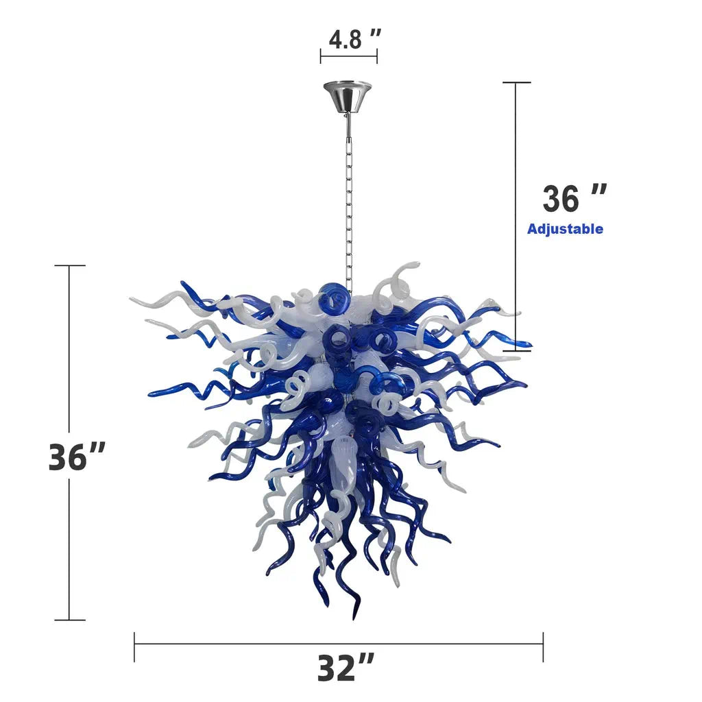 Blue & Frosted White Hand-Blown Glass Chandelier Chihuly-Style Sculptural Artistic Pendant Light