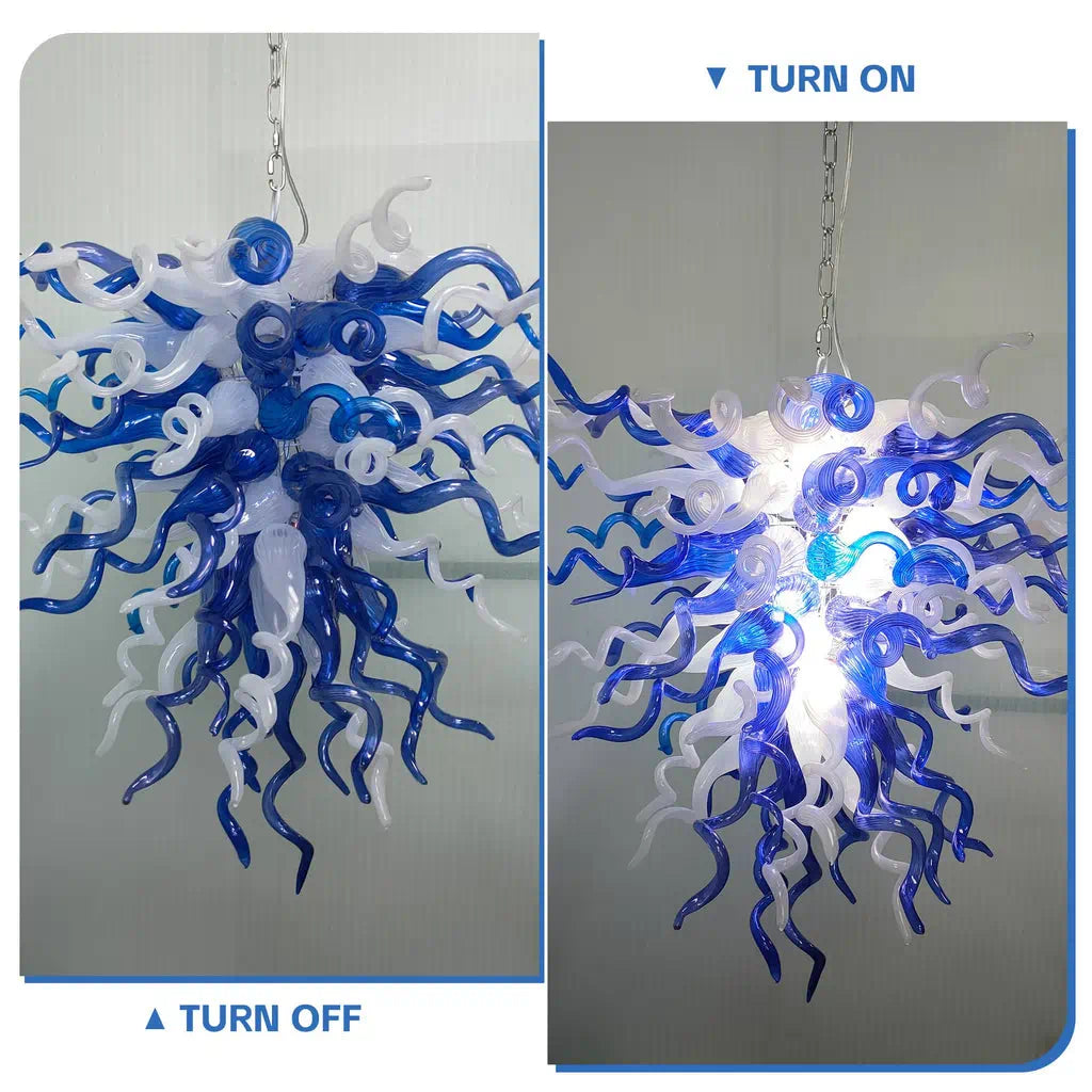 Blue & Frosted White Hand-Blown Glass Chandelier Chihuly-Style Sculptural Artistic Pendant Light