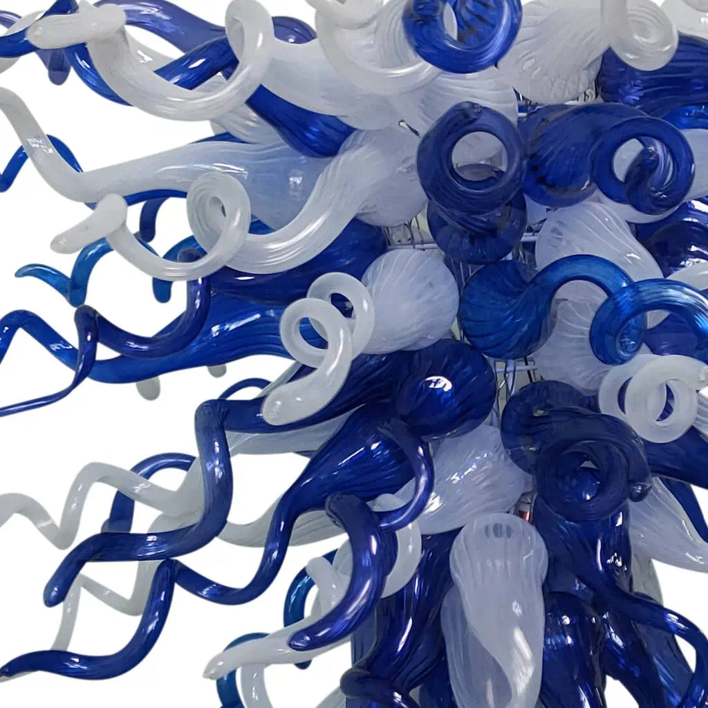 Blue & Frosted White Hand-Blown Glass Chandelier Chihuly-Style Sculptural Artistic Pendant Light