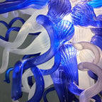 Blue & Frosted White Hand-Blown Glass Chandelier Chihuly-Style Sculptural Artistic Pendant Light