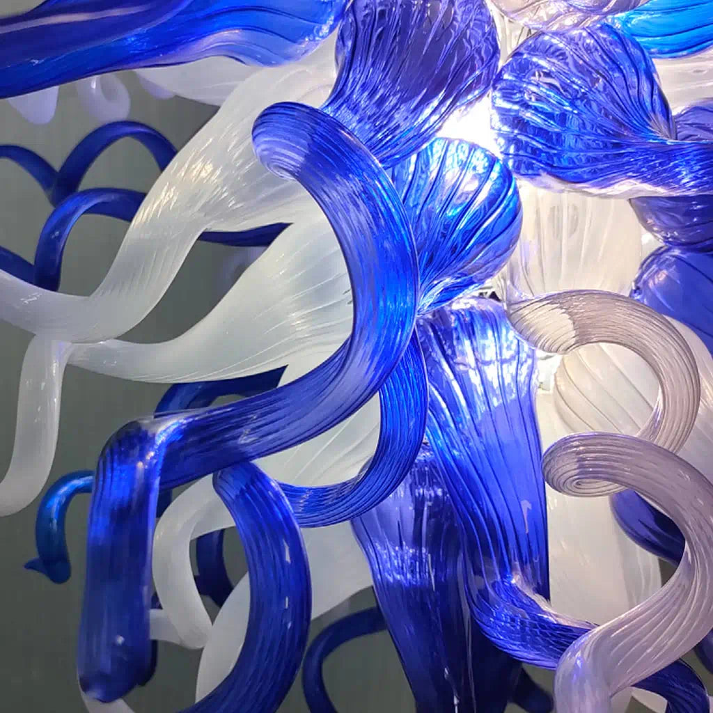 Blue & Frosted White Hand-Blown Glass Chandelier Chihuly-Style Sculptural Artistic Pendant Light