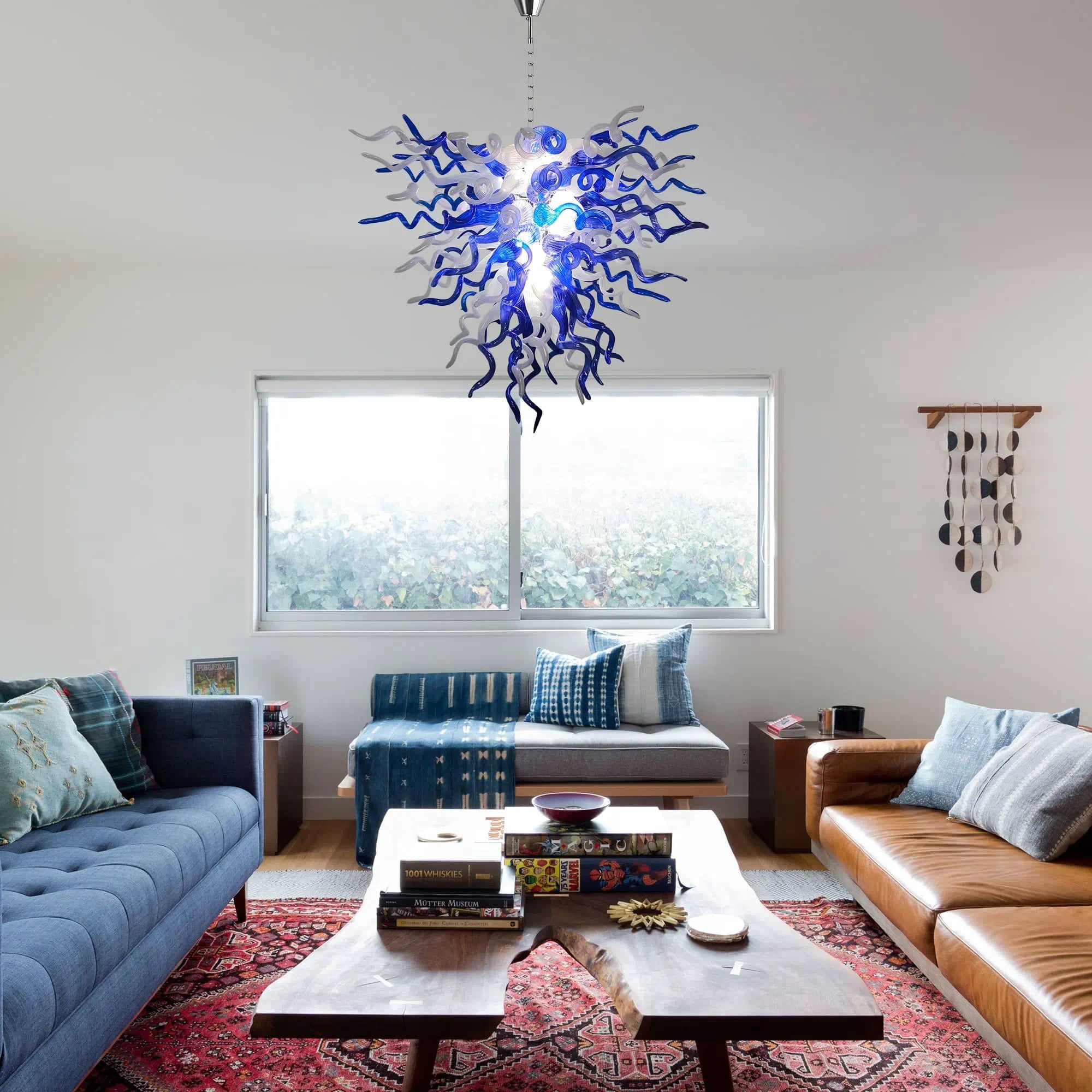 Blue & Frosted White Hand-Blown Glass Chandelier Chihuly-Style Sculptural Artistic Pendant Light