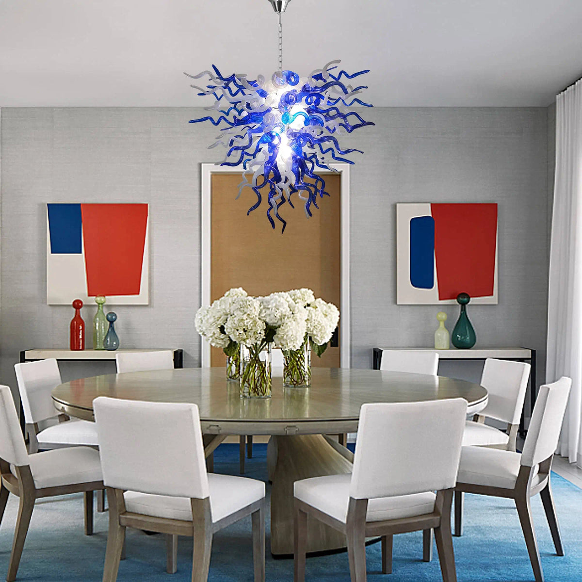 Blue & Frosted White Hand-Blown Glass Chandelier Chihuly-Style Sculptural Artistic Pendant Light