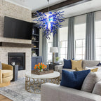 Blue & Frosted White Hand-Blown Glass Chandelier Chihuly-Style Sculptural Artistic Pendant Light