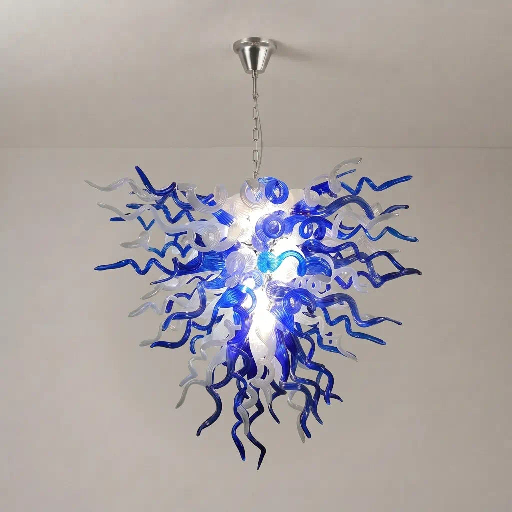 Blue & Frosted White Hand-Blown Glass Chandelier Chihuly-Style Sculptural Artistic Pendant Light